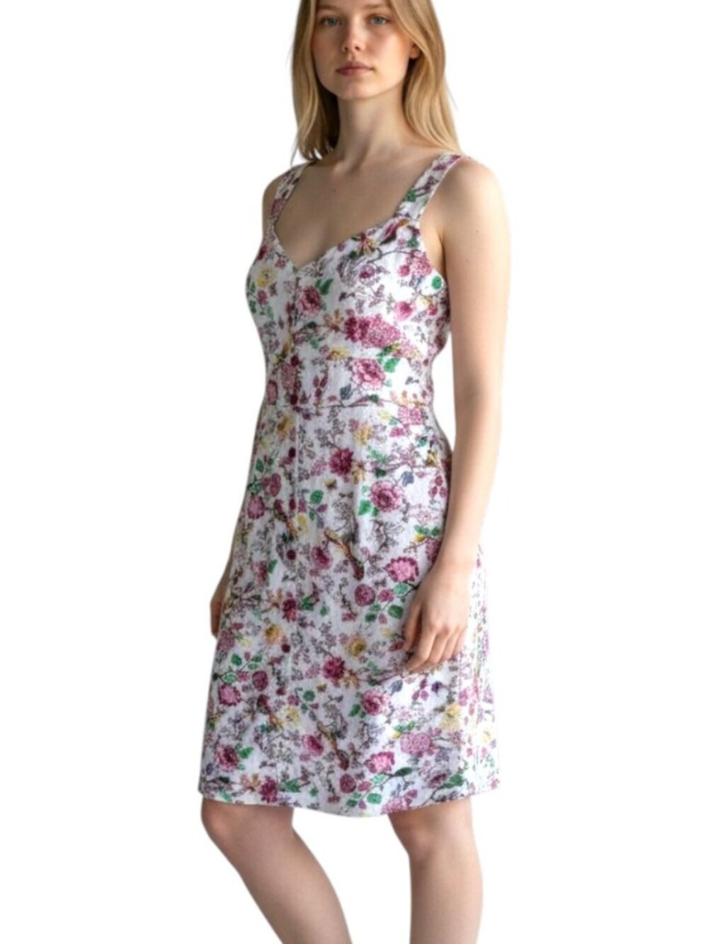 Sheath Dress Linen Blend Floral Med Ivory Multicolor Y2K Cottagecore Feminine